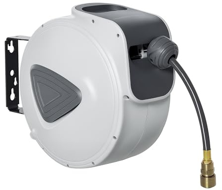 DURHAND Avvolgitubo Automatico 20m + 194cm Pressione Max 24 Bar Grigio | Attacco Ø1/4'', Montaggio a Parete, Ruotabile di 180°