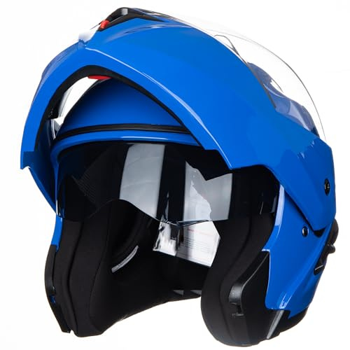 Flip-Up Motorcycle Helmet Dual Visor Sun Shield Flip up Modular Motocross DOT Approved Helmets (Blue, XX-Large)