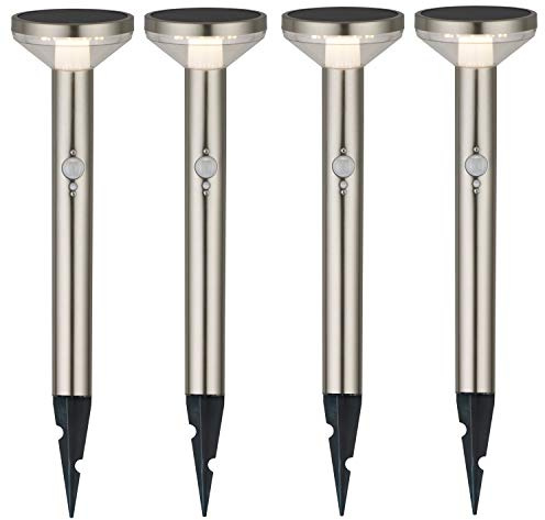 Maclean 4er Pack Solar LED-Leuchte – 3 Modi, Bewegungssensor, IP44, 220 Lumen, 4000K, Li-Ion Akku, Gartenbeleuchtung mit Erdspieß (Chrom matt, 4 Stück)