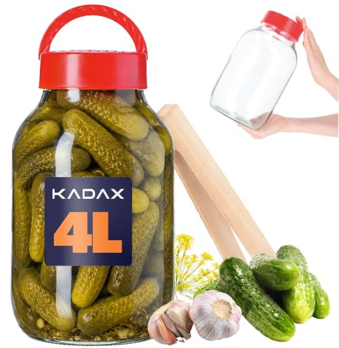 KADAX Einmachglas mit Zangen, Gurkenglas mit Deckel aus Kunststoff, Glasballon, Vorratsglas für Gurken, Einmachglas, luftdichte konservierung (4L)