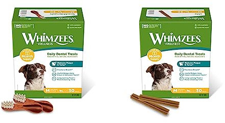 WHIMZEES by Wellness Zahnbürste, natürliche & by Wellness Stix, natürliche, getreidefreie Zahnpflegesnacks, Kaustangen für mittelgroße Hunde, Monatspackung (30 Stück), Größe M