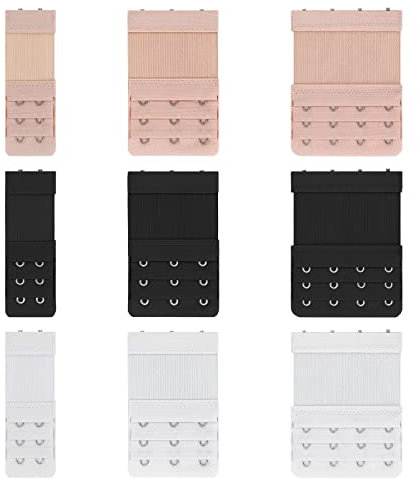 Grevosea 9 Pieces Women's Bra Extenders Bra Hooks with 2 Hooks/3 Hooks/4 Hooks, Soft and Comfortable Elastic Back Bra Strap Extensions Black & White & Beige