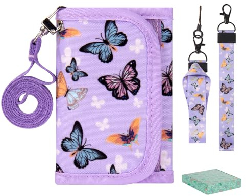 Choco Mocha Girls Wallets for Kids 6-8 8-10, Kids Wallets for Girls 10-12 Butterfly Trifold Wallet with Lanyard Gift Box 4 5 6 7 8 Year Old Girl Gifts, Purple