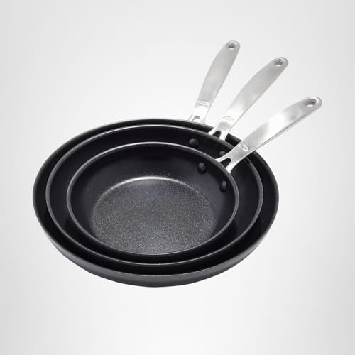 OXO Enhanced, 8 10 and 12 3 Piece Frying Pan Skillet Set, Healthy Ceramic Nonstick, PFAS-Free, Stainless Steel Handle, Dishwasher Safe, Oven Safe, Black