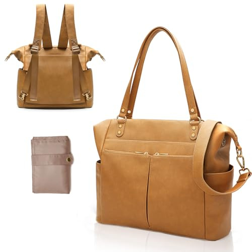 MOMINSIDE Wickeltasche Tote Leder Wickeltasche Rucksack mit 14 Taschen Baby Wunschliste Große Babytasche Wickelunterlage, biscuit, Extra Large(15.5 x 5.5 x 14 inches), Tagesrucksack