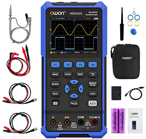 OWON HDS242S 3 in 1 Handoszilloskop, 40MHz Bandbreite USB Typ C mit 3,5 Zoll LCD Display, 20000 Zählungen Digital multimeter, 2Kanal Digital Oszilloskop und 1 Kanal Wellenformgenerator