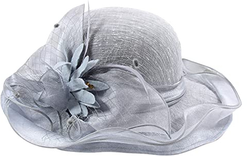 Petalum Hochzeitshut Vintage 50er Jahre Damen Chic Capeline Kirche Elegant Fascinator Hut Sonnenhut mit Schleier Band aus Netzstoff Feder Blumen für Cocktail Braut Zeremonie, grau, One size
