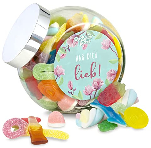Schräghalsglas Hab Dich Lieb – süßer Nasch-Mix aus Fruchtgummi und Marshmallow, romantisches Geschenk für Freund oder Freundin zum Jahrestag oder Valentinstag