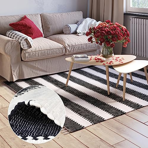 MY-RUG Flickenteppich 160x230 cm - Fleckerlteppich Baumwolle - Kelim | Handgewebter Webteppich waschbar, gestreift mit Fransen, ideal als Schlafzimmer Bettvorleger oder Boho Badteppich