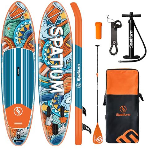Spatium Stand Up Paddling Board Set – SUP Board Aufblasbar mit Paddel, Pumpe, Leine, Finne, Rucksack & Mehr – SUB Paddleboard für Kinder & Erwachsene – für Wassersport in Seen, Flüsse & Meer