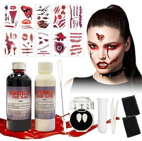 Fake Blood Kunstblut 100ml,Latexmilch 60 ml,15mm Halloween Vampirzähne,10 Halloween Narbe Tattoo,Halloween Zombie Vampir Wundschorf mit Make-up Schwamm und Spatel für Kinder Erwachsene Unisex