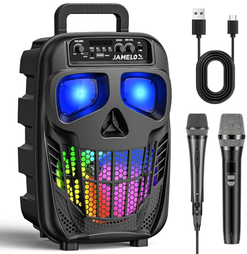 JAMELO Karaoke Tragbare Systeme mit 2 Mikrofonen, Bluetooth Lautsprecher mit Lichteffekte, PA-System Unterstütz USB/AUX, Kind/Erwachsene, Karaoke Maschine Party//Hochzeit/KTV/Kirche