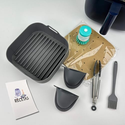Accesorios airfryer Incluye molde air fryer 22 cm Air fryer papel Compatible con freidora cosori COSORI Dual Blaze, Princess 8 L COSORI TURBOBLAZE ((7 Piezas) GRIS). Libro recetas air fryer ESPAÑOL