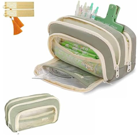 CLOUDEMO Großer Kapazität Pencil Case, 3 Abteilungen Einfacher Speicher, Großer Kapazität Pencil Pouch, Kawaii Pencil Case Organizer für Frauen und Mädchen (Grün)
