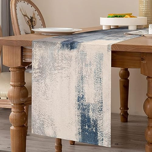 Camino de Mesa Moderno Salón Caminos Mesa Otoño Gris y Azul Camino de Mesa Manteles Lino Estilo Rural Arte Retro para Cocina, Fiesta, Comedor, Jardín, Boda, Banquete, Navidad 33 x 183 cm