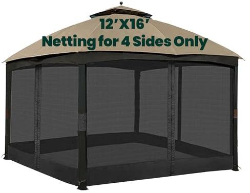 OLILAWN Gazebo Universal Replacement Mosquito Netting, 12' x 16' Outdoor Canopy Net Screen 4-Panel Sidewall Curtain, with Zippers, Easy to Install, Fit for Most Gazebo 12x16 Canopy, Black
