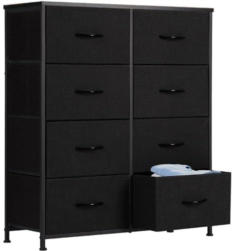 DUMOS Kommode für Schlafzimmer mit 8 Stoffschubladen hohe Kommode Organizer für Kleidung Schrank Kinderzimmer Aufbewahrungsturm mit Schrank Metallrahmen Holzplatte leichte Kinderzimmermöbel