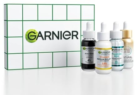 Garnier - Confezione regalo 4 sieri per il viso - Siero anti-macchia marrone vitamina C - Siero anti-punti neri e imperfezioni al carbone - Siero repellente ialuronico Aloe - Siero autoabbronzante