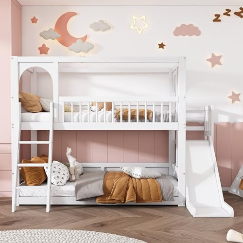 kubeier Kinderbett Etagenbett 90 x 200 cm, Hochbett Kinder mit Rutsche, Stockbett Für 2 Kinder, Hausbett, Etagenbettrahmen, Spielbett, Jugendbett, Etagenbett, Massivholz Weiß