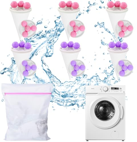 Ruayia 6x Waschbäll mit 1x Wäschenetz für Waschmaschine, Fussel-Haarfänger aus Haustierpelz im konisch zulaufenden Mesh-Design (3*Pinker Waschbäll+3*Lila Waschbäll）