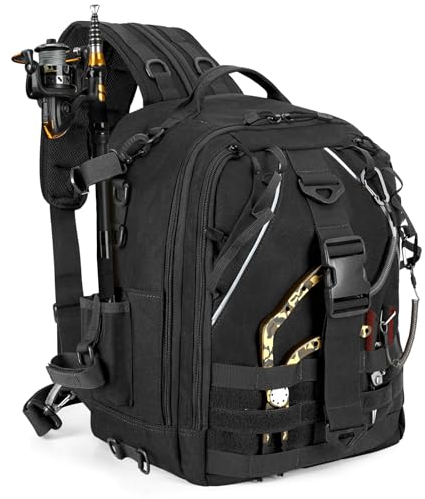 Jueachy Angelrucksack, Angeltasche, Leichte wasserdichte Outdoor Angeln Aufbewahrungstasche Taktische Angeltaschen für Angeln Wandern Jagd Fishing Angeln Rucksack mit Rutenhaltern