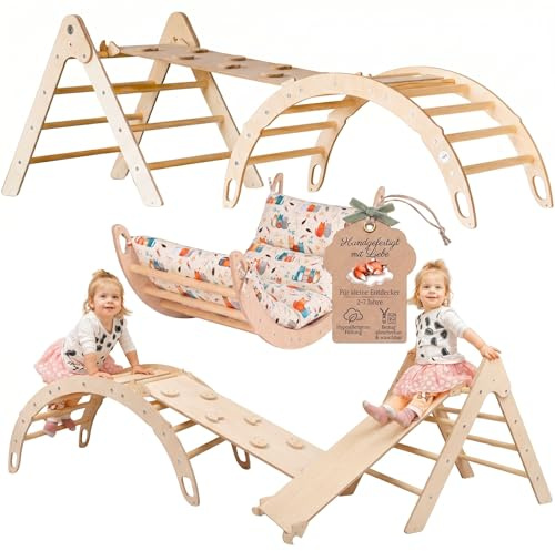 WoodsCraft 3in1 Set: Kletterdreieck, Kletterbogen & Rutsche/Kletterrampe | mit hypoallergen Kissen für Kletterbogen, holz Montessori Klettergerüst indoor, Babyrutsche, Klettern Baby & Kinder