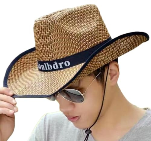 Kixolazr Sombrero de paja para hombre, sombrero de paja de pesca para hombre, gorra de sol de vaquero para exteriores, con protección UV, sombrero de vaquero de verano occidental para jardinería,