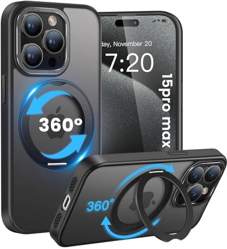 HuwaiH handyhülle für iPhone 15 pro max Hülle, [360° Magnetischer Ring Ständer ] [mit Mag-Safe] [Transluzente Matte] Stoßfeste Kratzfeste Schutzhülle für iPhone 15 pro max (Schwarz)