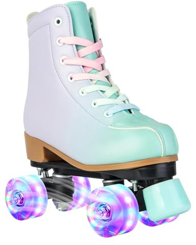 MEIGLQEA Purple & Green Gradient Leather Roller Skates with Flash Wheels: Outdoor/Indoor for Youth Beginner Girls Size 35-US W Adult 5/Youth 4