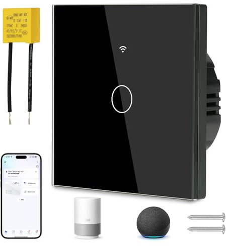 Ainiv Smart Light Switch 1 Gang, WiFi Smart Touch Wall Switch with Capacitor, Multi-Control by Voice/APP Sharing WiFi Switch, Smart Switch Compatible with Tuya SmartLife App Alexa Google Home, Black