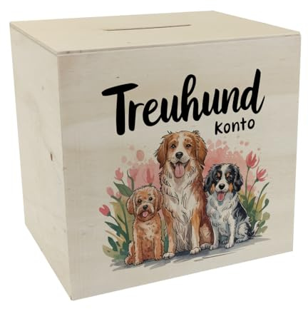 DREI niedliche Hunde Spardose aus Holz - Treuhund Konto in verschiedenen Rassen Niedliche Hunde mit hellbraunem Fell und weiß-braunen schwarz-weißen Abzeichen