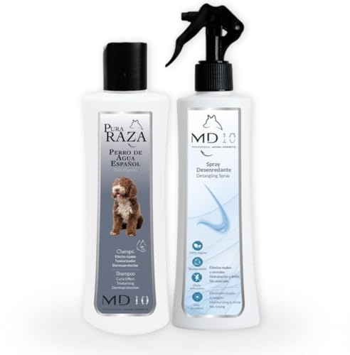 Pack Rutina Limpieza - Champú para Perro de Agua Español Marrón 300ml + Spray Desenredante e Hidratante para Perros sin Aclarado 300ml - Rutina Higiene Completa para Perro de Agua - MD10 Collection