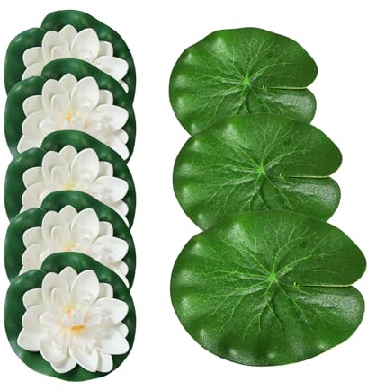 Nurila 5 STK White Lotus Seerosen Künstlich,10cm PU Schwimmende Teichdeko mit 10-13-18cm Lotosblatt, Künstliche Seerosen Teichpflanzen Künstlich für Aquarium Terrasse Terrasse Garten Pool Teich Deko