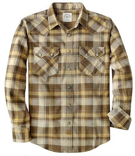 Dubinik® 6.3 oz Camisa Franela Hombre Western de Manga Larga Snap Botón Plaid Camisa Casual Comfort Soft Cotton Amarillo y Marrón 2XL