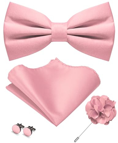 Auiremrti 4-teilig Rosa Vorgebundene Fliege und Einstecktuch,Manschettenknöpfe,Anstecknadel-Sets für Herren für Partys Business und Hochzeiten
