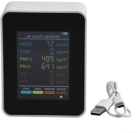 URPIZY Misuratore di qualità dell'aria 6 in 1 con sensore PM2.5 PM10 HCHO TVOC Temperatura Umidità Display LCD digitale per interni, ufficio, casa