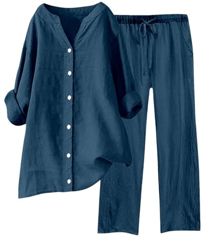 Combinaison en lin pour femme d'été élégante assortie ample chemise + pantalon léger coton et lin d'été combinaisons de gymnastique printemps Curvy Set deux pièces