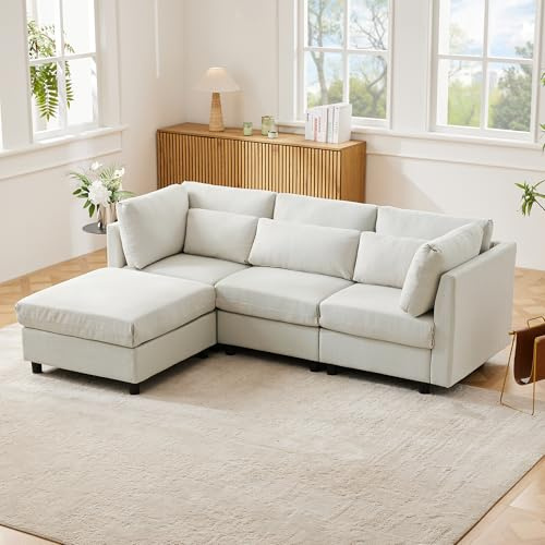Kebnor Modernes Design, Polstermöbel, Sofa, Dreisitzer-Sofa, Wohnzimmersofa, Ecksofa mit Fußhocker, L-förmiges Ecksofa (Beige)