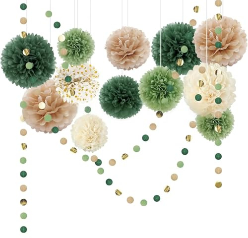 Arvoni 15 Piezas Pompones Verde Oscuro, Flores de Papel y Guirnalda de Puntos para Decoracion Cumpleaños, Fiesta Cumpleaños, Baby Shower, Jardín y Decoración de Fiestas Vintage
