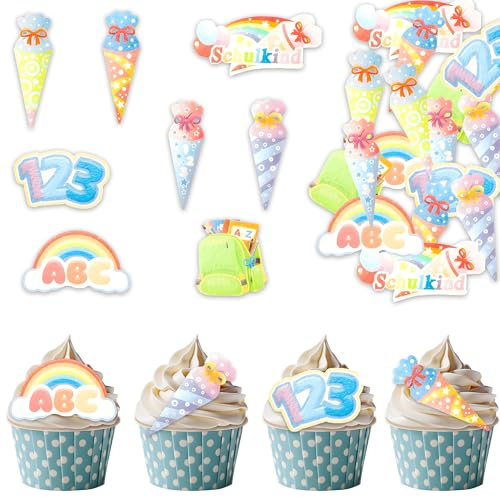 48 Stück Einschulung Tortendeko-deko einschulung torte–Cupcake Topper für Kuchen,Eis & Desserts–Perfekt für Schulanfang,Kindergartenparty & Einschulungsfeiern