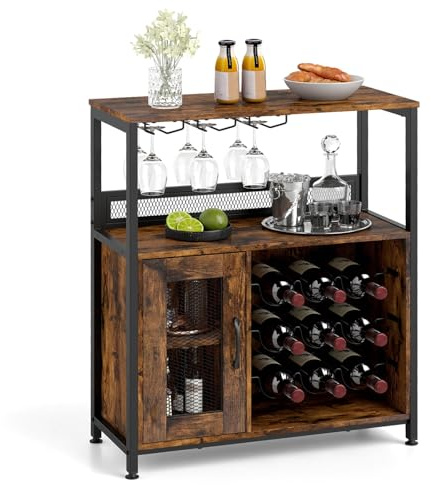COSTWAY Meuble de Bar à Vin, Buffet Cuisine Industriel avec Casiers à Vin & Placard, Porte en Métal Grillagé, Porte-Verre Suspendu, Meuble Range Bouteille pour Salle à Manger, Salon, Brun Rustique