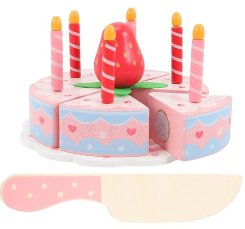 MOLUCKFU Wooden Pretend Strawberry Birthday Cake Set for , Nordic Style Playhouse Dessert Cutting for Boys and , Educational Kitchen Role Play Cake Cutting Set