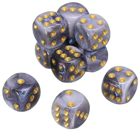 QUARKZMAN 10Pcs Dadi Standard A 6 Facce, 2 Colori 16mm Acrilico D6 Mini Set Dadi Poliedrici Perle Per Giochi Da Tavolo, Grigio E Bianco/Punti Dorati