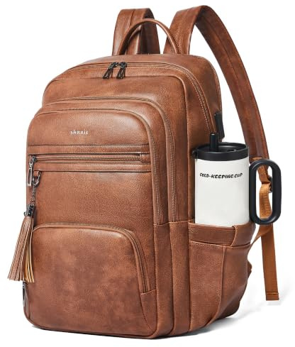 Shrrie 17 pulgadas Mochila para portátil mujer, mochila de cuero vegano, mochila de 28 litros para trabajo negocios universidad viajes con bolsillo para taza de gran capacidad y cargador USB, Marrón