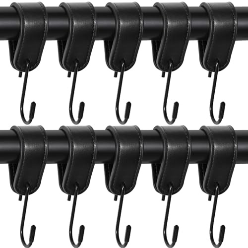 XHTXHT 10 Stück Garderobenhaken Kleiderhaken Stange,S Haken Schwarz mit Lederschlaufe,Mehrzweckhaken mit Lederschlaufe-haken zum einhängen,kleiderhaken schwarz für Garderobe Kleiderstange Stange Küche