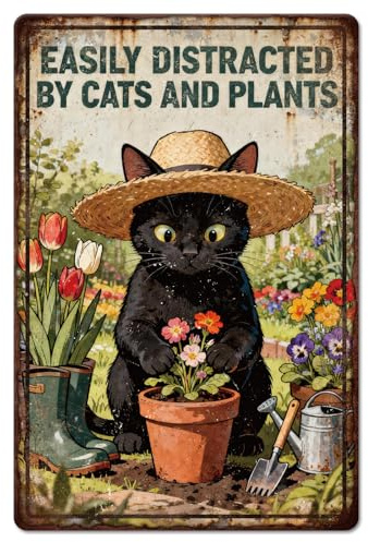 GLOBLELAND Cat Garden Metal Tin Sign 8x12 inch Easily Distracted By Cats And Plants Funny Vintage Painting Tin Signs Wall Poster Plaque for Farmhouse Kitchen Living Room Man Cave Bar Game Room