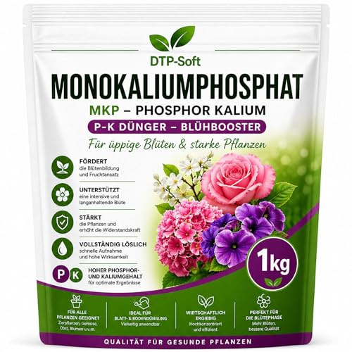 DTP-SOFT Monokaliumphosphat Dünger 1kg/1000g - MKP P-K Dünger wasserlöslich - Blühdünger und Kalium Phosphor für Tomaten, Gemüse, Obstpflanzen, Balkonpflanzen - chlorfrei
