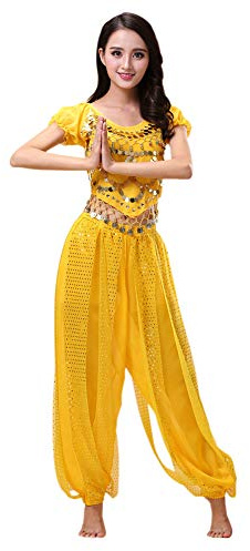 kewing Damen Bauchtanz Kostüm Set - Tanzen Top + Laterne Hosen Professionel Karneval Tänzer Outfit Suit