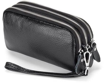 FORRICA Women's Wallet Genuine Leather Multifunction Large Capacity Clutch Bag Phone Purse Zipper Coin Purse Ladies Long Wristlet Wallets Black