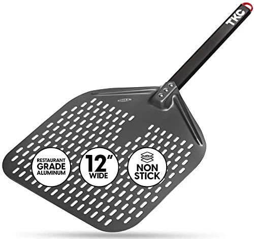 TKC Perforated Pizza Peel - 12 Metal Pizza Turner compatible with All Ovens, Indoor & Outdoor Use, Durable and Heat-Resistant Handle, Lightweight Pizza Spatula (Black)
